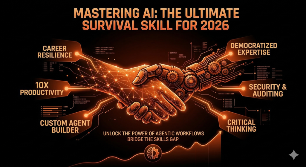 A futuristic orange and black infographic showing a glowing digital handshake between a human and a robot, highlighting key AI skills for 2026 like 10x Productivity, Career Resilience, and Critical Thinking.